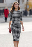 Black and White Plaid Sheath Midi Work Dress