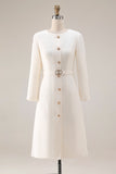 Ivory Sheath Tweed Long Sleeves Midi Work Dress with Belt