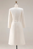 Ivory Sheath Tweed Long Sleeves Midi Work Dress with Belt