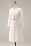 Ivory Sheath Tweed Long Sleeves Midi Work Dress with Belt