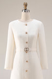 Ivory Sheath Tweed Long Sleeves Midi Work Dress with Belt
