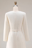 Ivory Sheath Tweed Long Sleeves Midi Work Dress with Belt