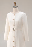 Ivory Sheath Tweed Long Sleeves Midi Work Dress with Belt