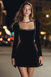Square Neck Black A Line Velvet Cocktail Dress