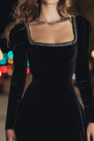 Square Neck Black A Line Velvet Cocktail Dress