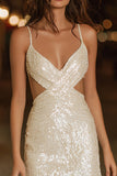 Sparkly Ivory Bodycon Spaghetti Straps Cut Out Short Cocktail Dress With Sequins