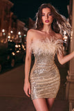 Sparkly Gold Sequin Tight Strapless Short Cocktail Dress With Feathers