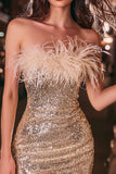 Sparkly Gold Sequin Tight Strapless Short Cocktail Dress With Feathers