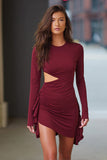 Burgundy Satin Tight Cut Out Short Cocktail Dress With Ruffles