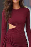 Burgundy Satin Tight Cut Out Short Cocktail Dress With Ruffles