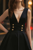 Black A Line Satin Buttons Short Cocktail Dress