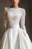 Ivory Boat Neck Long Sleeves A Line Wedding Dress with Lace