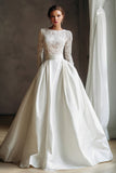 Ivory Boat Neck Long Sleeves A Line Wedding Dress with Lace