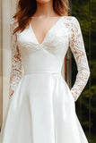 Ivory V-Neck A Line Long Sleeves Wedding Dress with Lace