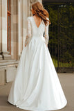Ivory V-Neck A Line Long Sleeves Wedding Dress with Lace