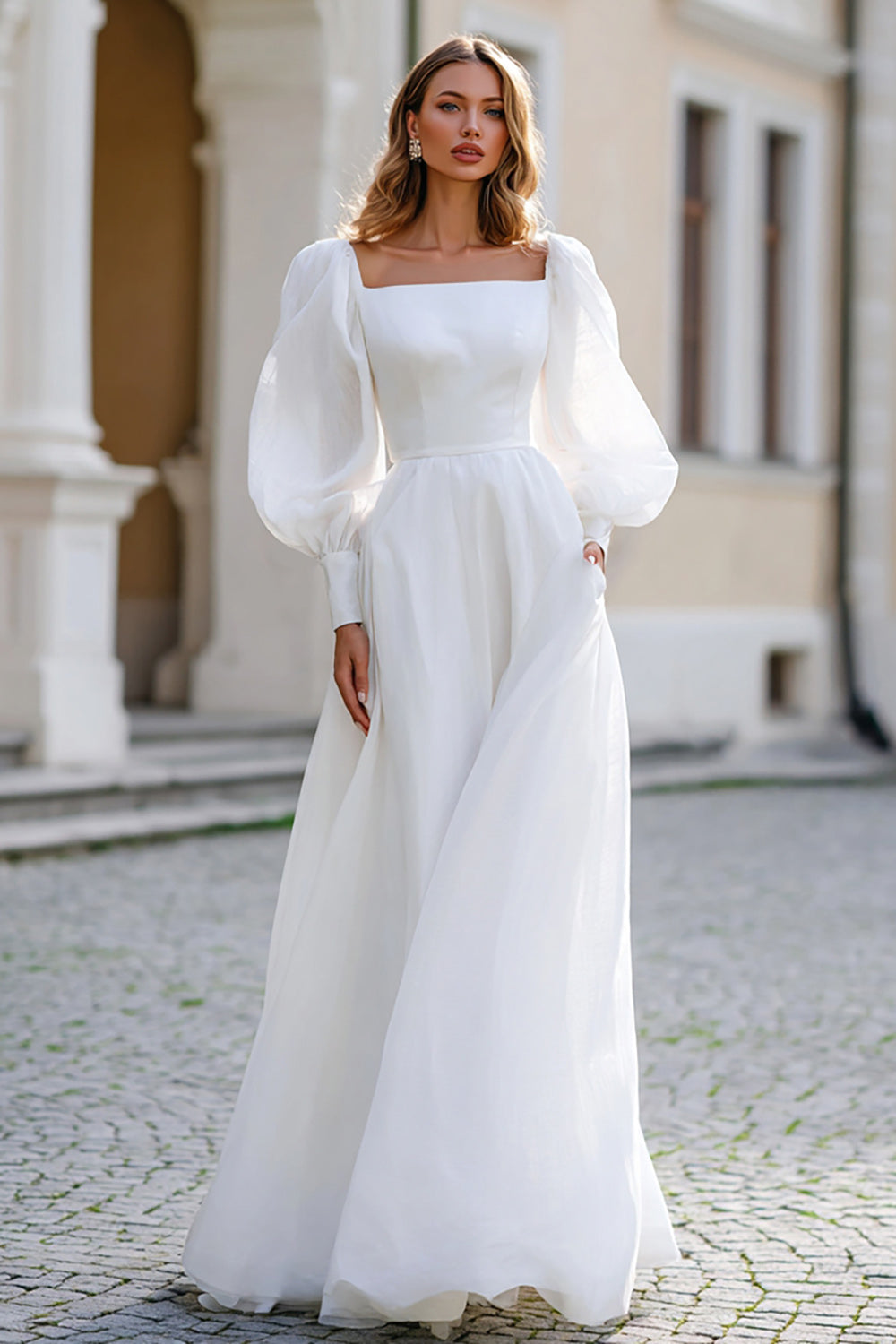 Zapaka Women Ivory Wedding Dress Square Neck Long Sleeve A Line Bridal Dress ZAPAKA UK Zapaka Women Ivory Wedding Dress Square Neck Long Sleeve A Line Bridal Dress ZAPAKA UK