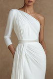 One Shoulder Ivory Sheath Wedding Dress with Sash