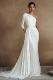 One Shoulder Ivory Sheath Wedding Dress with Sash