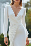 Ivory V-Neck Sheath Long Sleeves Wedding Dress with Sash