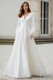Ivory V-Neck A Line Long Sleeves Wedding Dress