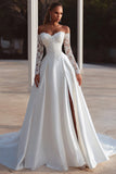 Off The Shoulder Ivory A Line Wedding Dress with Lace