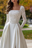 Ivory Square Neck Long Sleeve Satin Wedding Dress with Lace