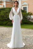 Ivory V-Neck Cut Out Sheath Long Sleeve Wedding Dress