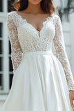 Ivory Long Sleeve A Line V Neck Lace Wedding Dress