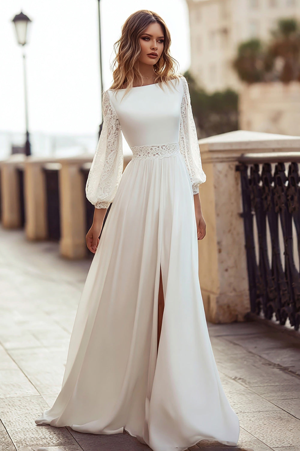 ZAPAKA Women Ivory Lace Wedding Dress with Slit Long Sleeve A Line Bateau Neck Bridal Dress ZAPAKA UK ZAPAKA Women Ivory Lace Wedding Dress with Slit Long Sleeve A Line Bateau Neck Bridal Dress ZAPAKA UK