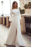Ivory Long Sleeve A Line Lace Wedding Dress with Slit