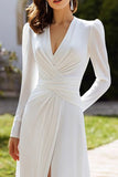 Ivory Long Sleeve A Line Ruched Long Wedding Dress