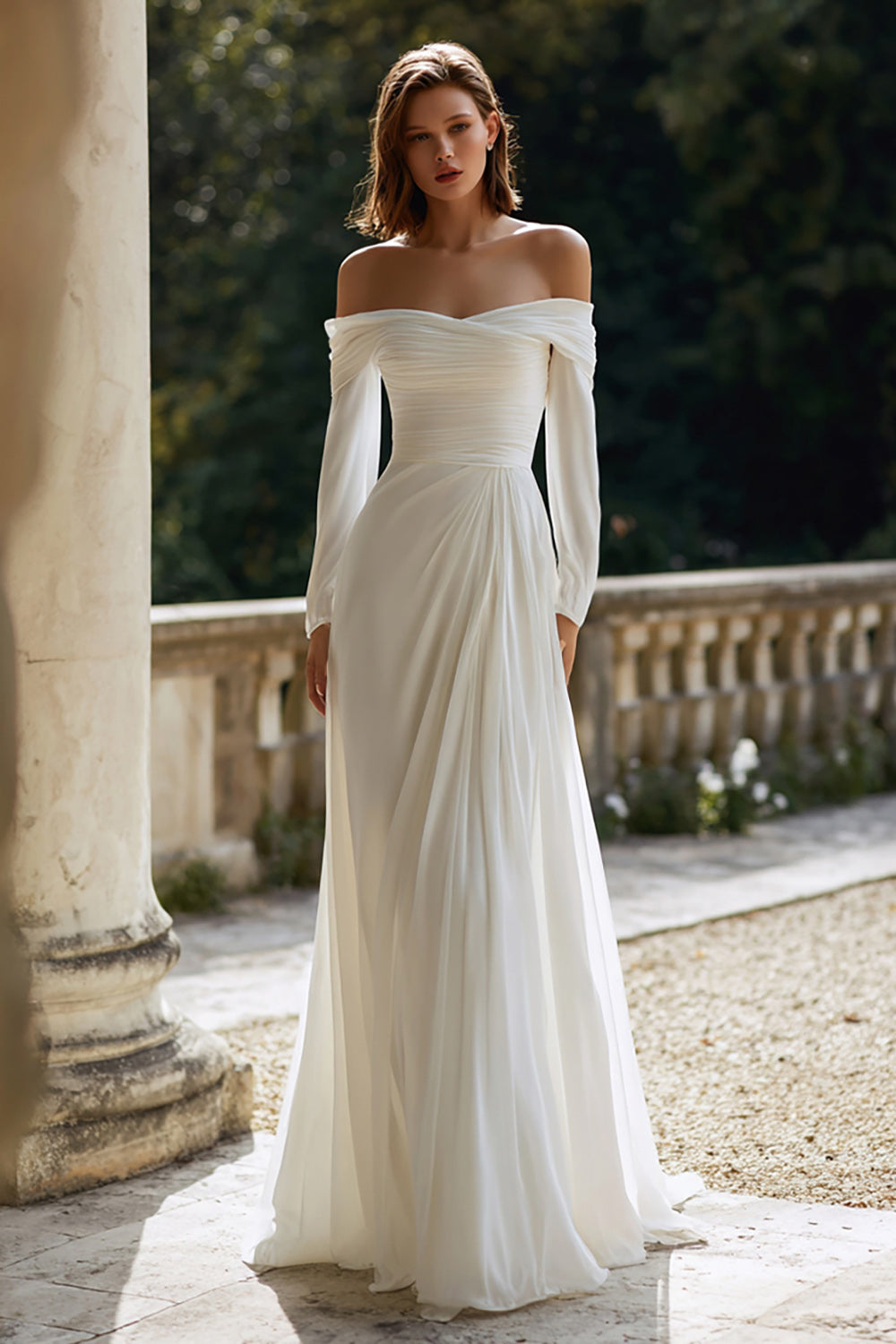 ZAPAKA Women Off The Shoulder Wedding Dress Ivory Ruched Long Sleeve A Line Chiffon Long Bridal Dress ZAPAKA UK ZAPAKA Women Off The Shoulder Wedding Dress Ivory Ruched Long Sleeve A Line Chiffon Long Bridal Dress ZAPAKA UK