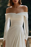 A Line Off The Shoulder Ivory Ruched Wedding Dress