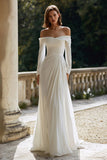 A Line Off The Shoulder Ivory Ruched Wedding Dress
