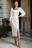 Ivory Square Neck Sheath Satin Engagement Dress