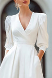 Ivory V Neck A Line Satin Engagement Dress