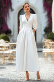Ivory V Neck A Line Satin Engagement Dress