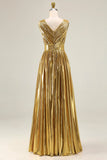Metallic Gold V-Neck A-Line Long Formal Dress With Slit