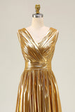 Metallic Gold V-Neck A-Line Long Formal Dress With Slit