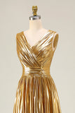 Metallic Gold V-Neck A-Line Long Formal Dress With Slit