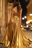 Metallic Gold V-Neck A-Line Long Formal Dress With Slit