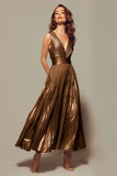 Pleated A-Line Gold Tea Length Formal Dress