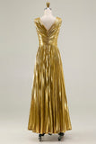 Gold A-Line Metallic Pleated V-Neck Formal Dress