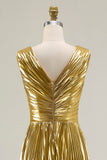 Gold A-Line Metallic Pleated V-Neck Formal Dress