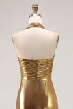 Gold Halter Metallic Ruched Long Formal Dress wth Slit