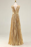 Gold V-Neck A Line Metallic Pleated Long Formal Dress