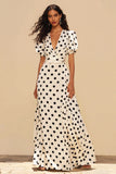 White Black Dots A Line  Wrap Long Formal Dress with Sleeves