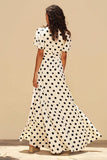 White Black Dots A Line  Wrap Long Formal Dress with Sleeves