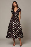 Dark Brown White Dots A Line V-Neck Formal Dress with Sleeves