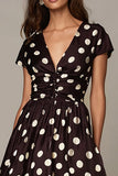 Dark Brown White Dots A Line V-Neck Formal Dress with Sleeves